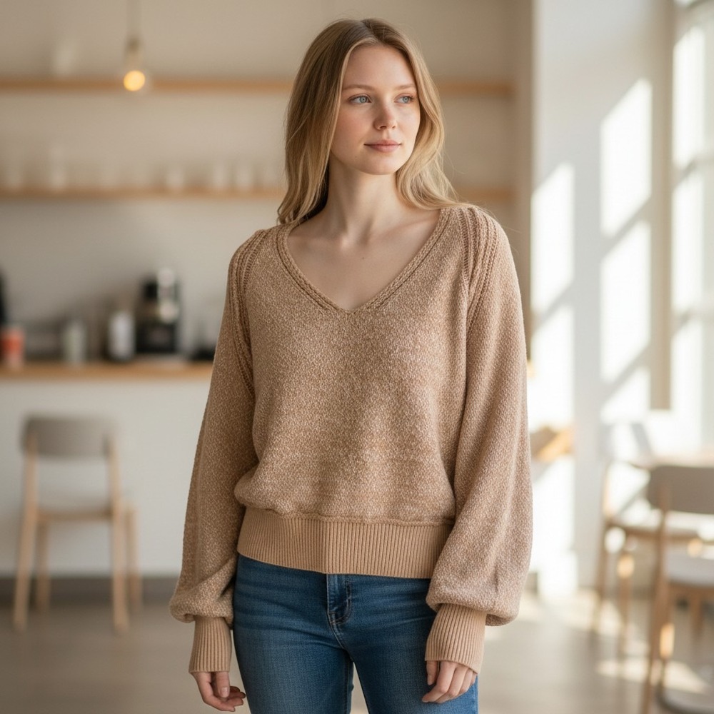 Free People Riptide V-Neck Sweater Peach Sand Combo OB1125680 Small